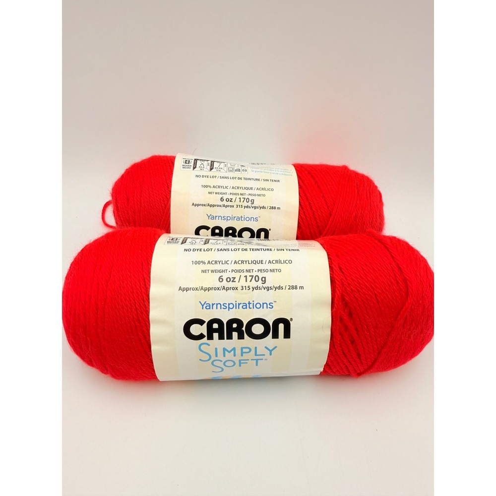 Caron Simply Soft Red Yarn 9729 6oz 315yds 100% Acrylic 2 Skeins Lot
